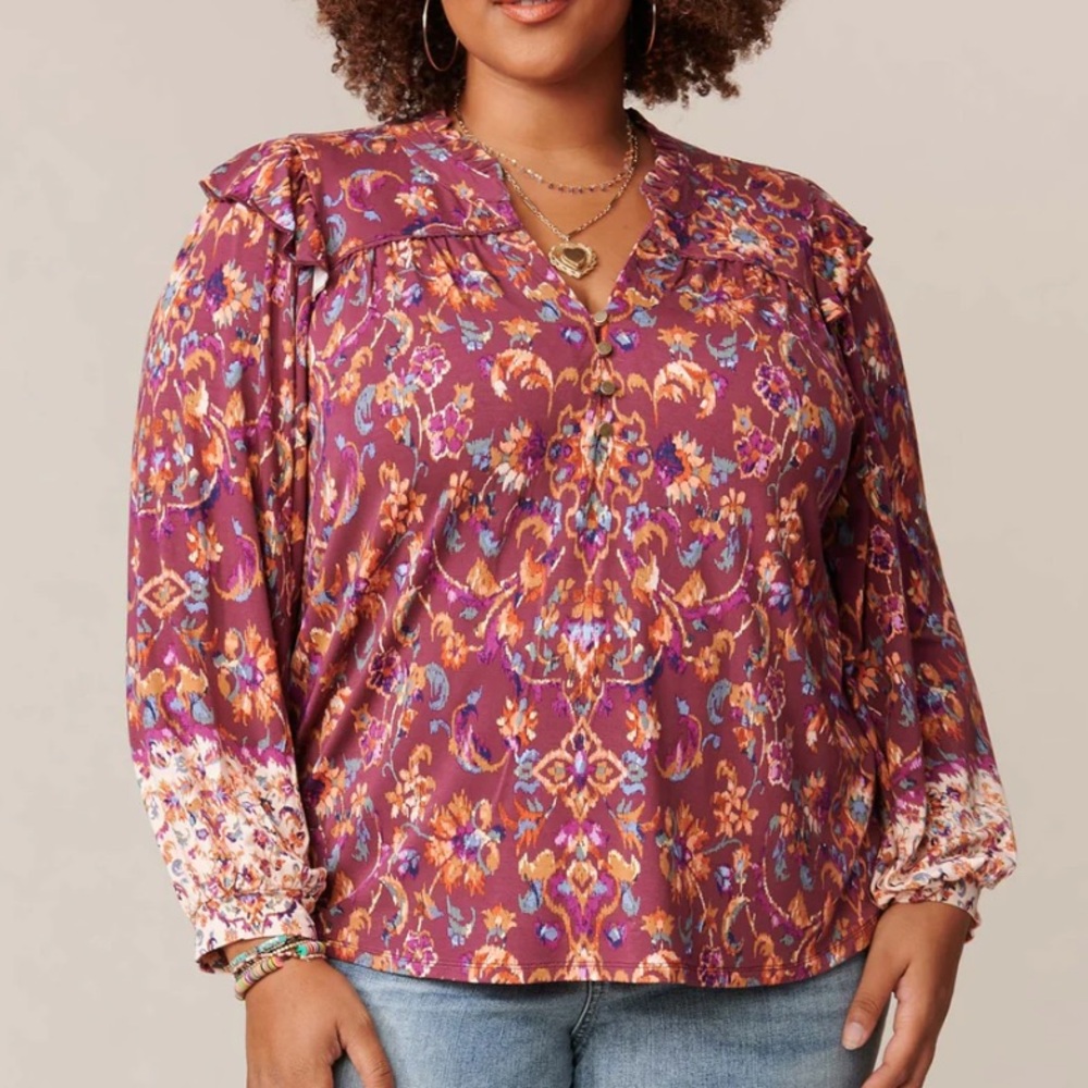 Democracy Blouson Sleeves‎ Ruffle Shoulders Open V-neck Half Button Down Placket